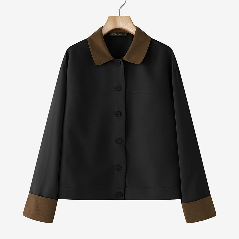 ZANZEA Women Splice Turn Down Collar Loose Long Sleeve Blouse