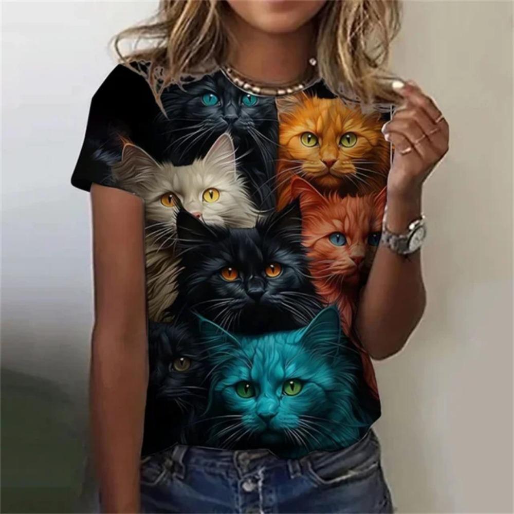 Fashionable women's T-shirt 3D printed with Kawei cat pattern short sleeved round neck top, summer outdoor casual street minimalist clothing