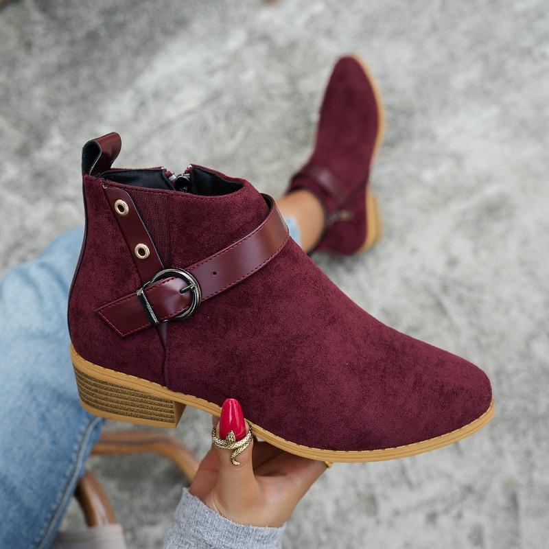 Large Size Short Boots Women's Pointed Head Heel Side Zipper Suede Belt Buckle Martin Boots Women's Boots