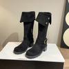 New Fold Women's Vintage Brown Metal Belt Buckle Western Cowboy Boots Square High Heel Long Boots Fashion Knight Boots 2024
