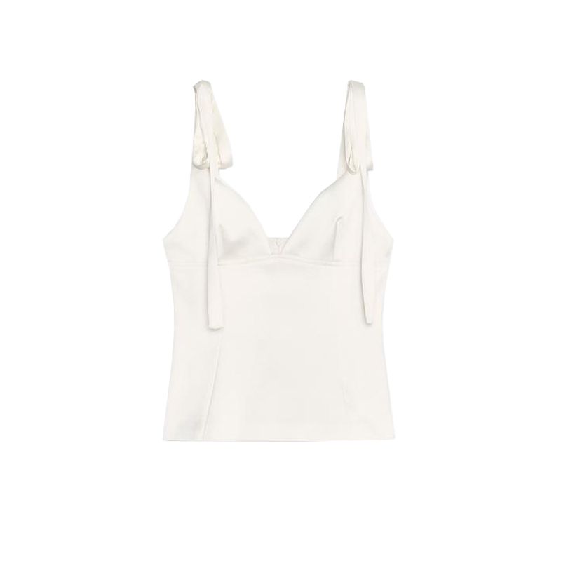 Summer New Product Women's Clothes Minimalist Style V Neck Sleeveless Bowknot Decoration Silk Satin Textured Sling Tops 3059371