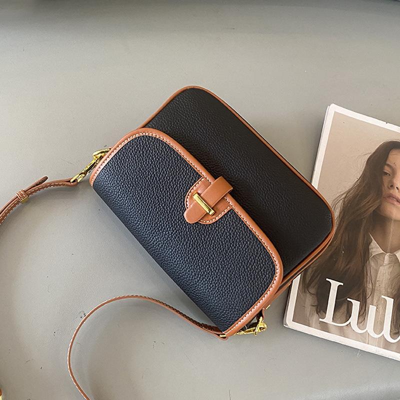 Leather women's bags, high-end first-layer cowhide contrasting color shoulder square bag, new summer women's messenger bag bag.