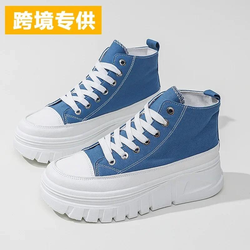 Sapatos femininos casuais de cano alto, cor sólida, versáteis, de lona, cano alto, com cadarço, confortáveis e respiráveis