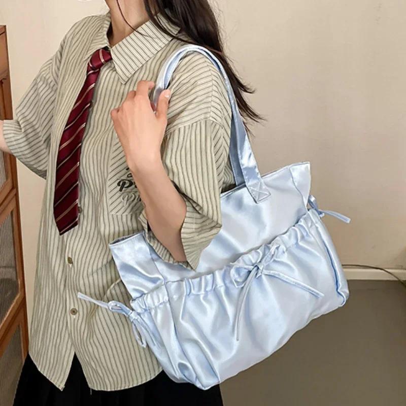 Elegant Bow Womens Shoulder Bag Nylon Pleated Korean Style Fashion Tote Bag Large Capacity Cute Pink Sweet Female Handbag