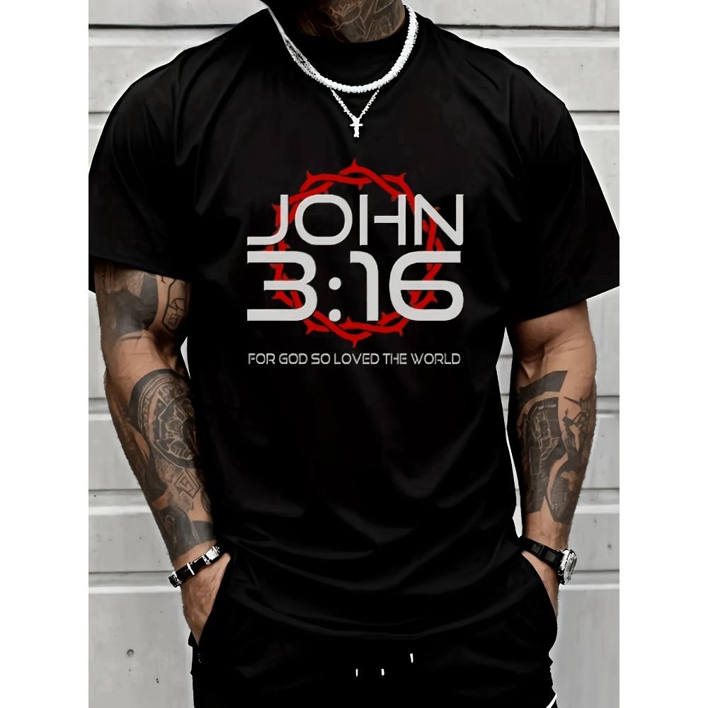 

European sizes Plus Size Men s Casual Crew Neck T-Shirt | Regular Fit, Slight Stretch, Knit Fabric, John 3:16 Inspirational Quote Print, Black Tops 4XL чорний