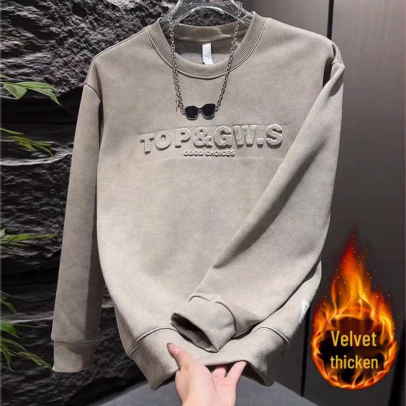 2025 Autumn/Winter Men's Fleece-Lined Pullover with Steel Stamped Lettering - Bleached Long Sleeve Casual Sweatshirt