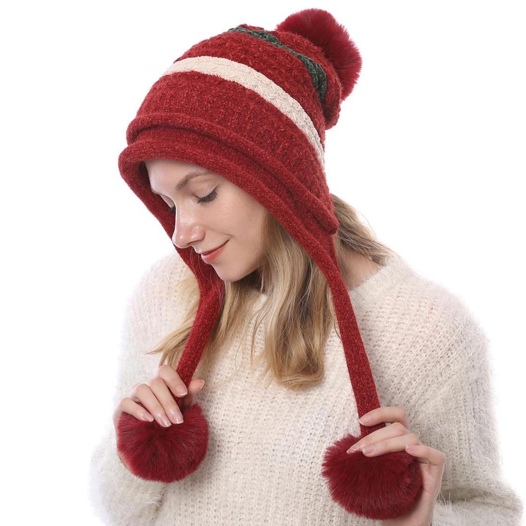 Autumn Winter Plush Warm Three Ball Knitted Hat Chenille Soft Women's Wool Hats