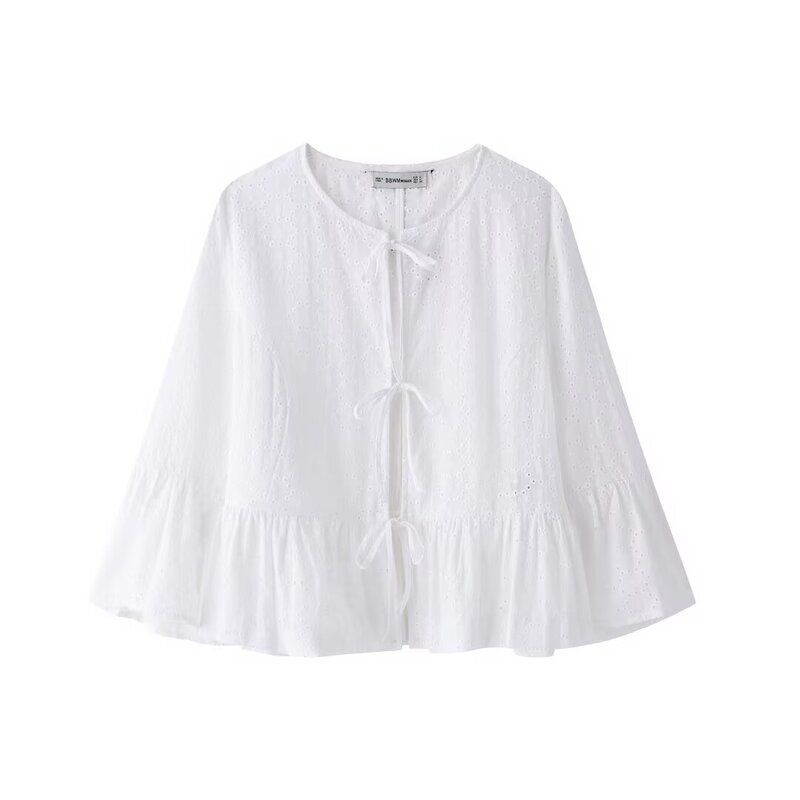 Fashion Style 2024 New Fall Women's Clothing Slim Looking All-Matching Hollow Embroider Shirt Mid Waist Shorts 8399300