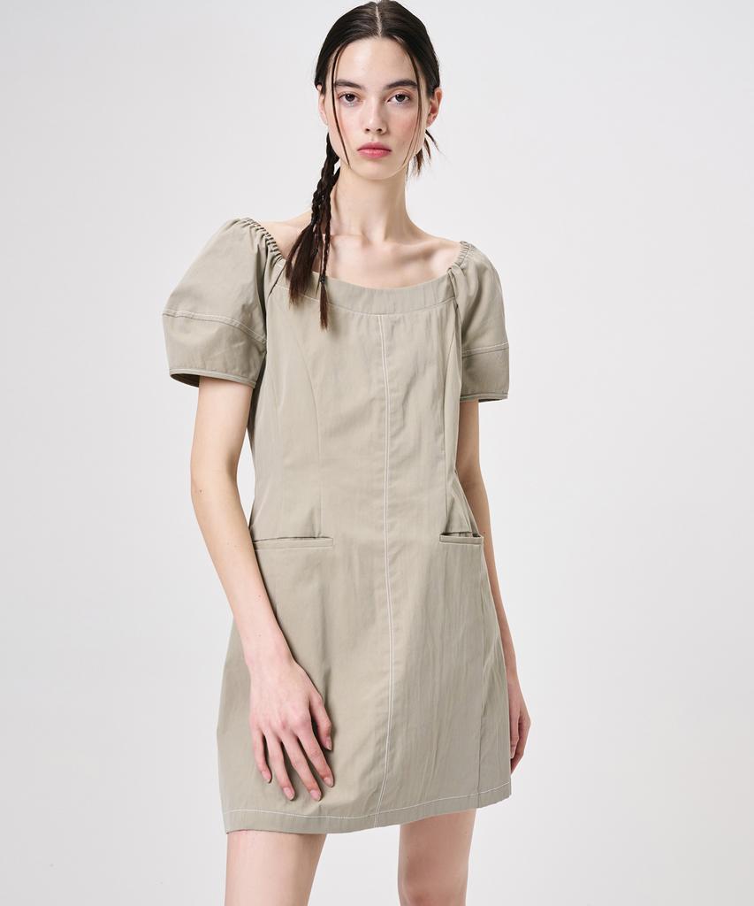 Etmont Stitch Puff Mini Dress, Light Khaki