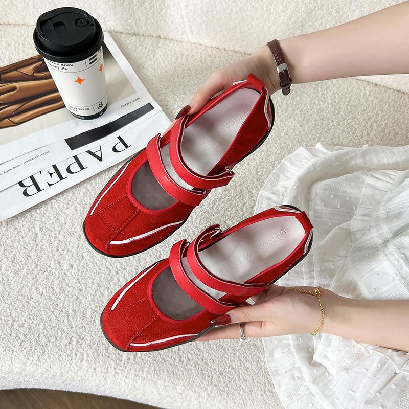 Cowhide Version~ Red Inner Height Increase Mary Jane Shoes for Women's New Versatile Shallow Mouth Simple Ballet Single Shoes for Women