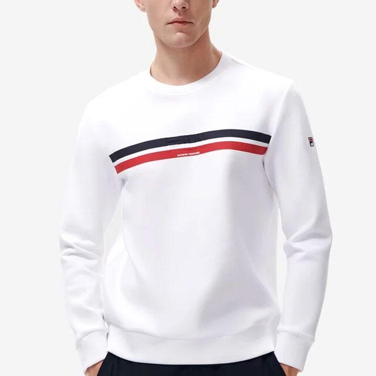 Fila Fleece Striped Print Crew Neck Pullover Sweatshirt Men Sweatshirt White F11M311209FWT