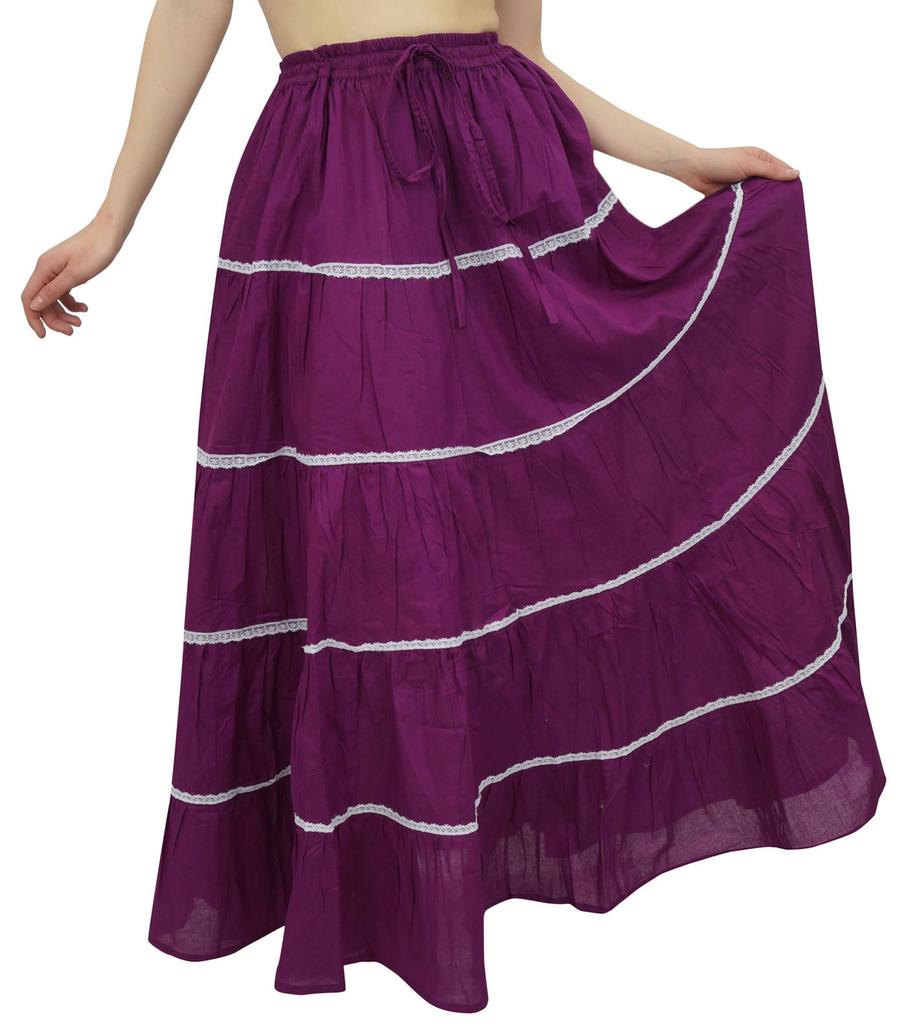 Bimba Damen Langer ausgestellter Baumwollrock Boho Maxi Unterteil Elastische Taille