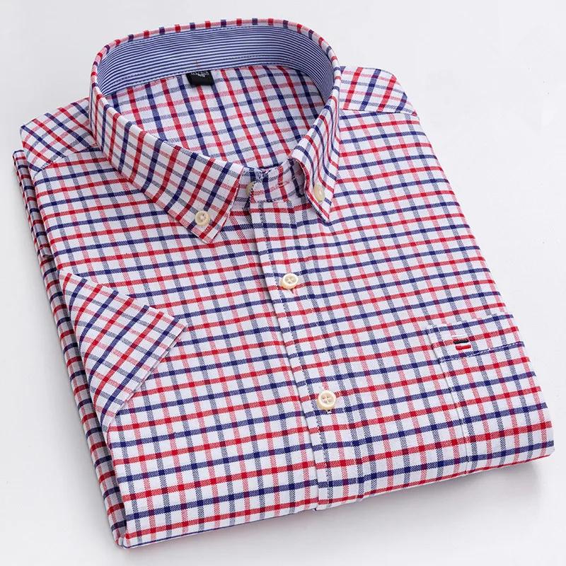 Cămașă bărbătească Oxford din bumbac de înaltă calitate, cu mânecă scurtă, pentru confort de vară, respirabilă, clasică, culoare uni, carouri, business, casual