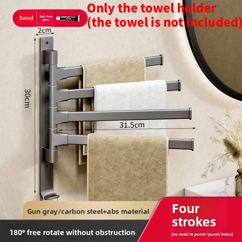 Gunmetal Gray Rotating Towel Rack With Active Hooks For Bathroom Wall Mounting