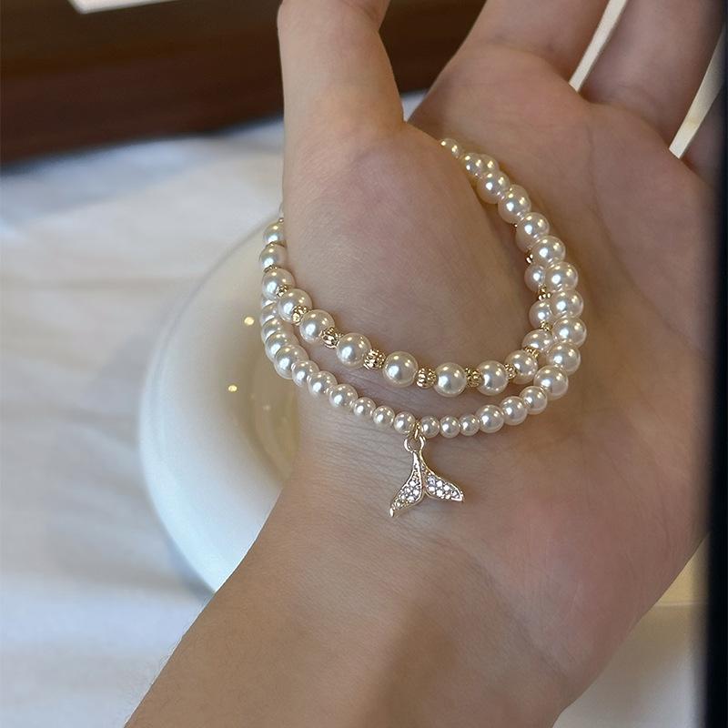 Zircon fishtail double-layer pearl bracelet French personality light luxury high-end bracelet elegant temperament versatile jewelry women