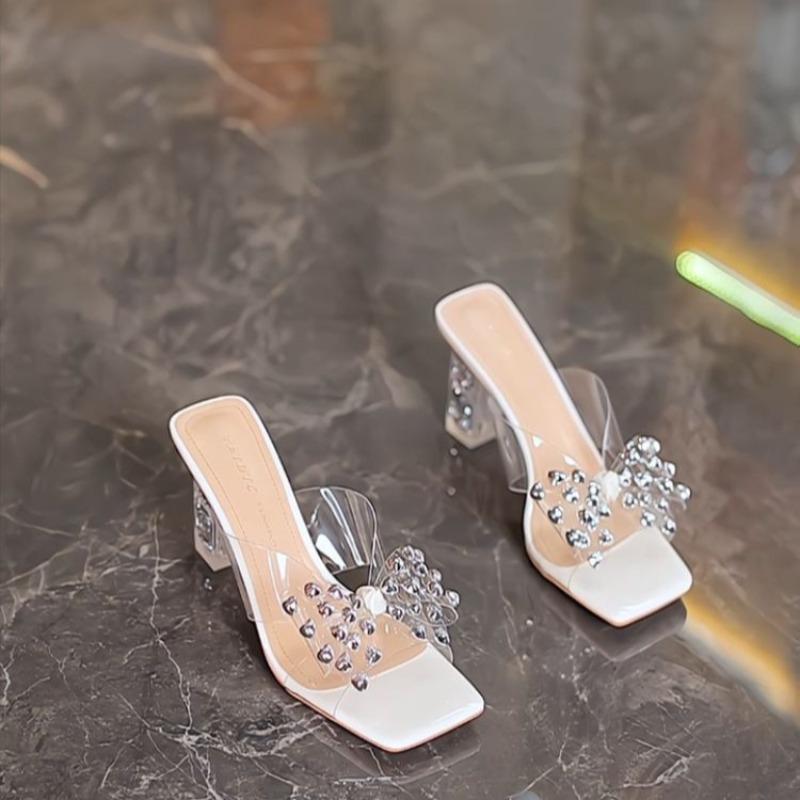 Mode Sommer Neu Damen Slipper Transparentes PVC Hochhackige Sandale Schleife Strass Slipper Quadratische Zehenfreie Hochhackige Slipper für Damen