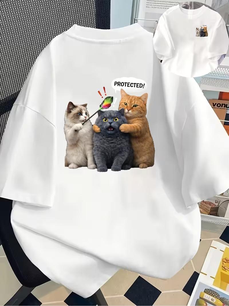 

Funny Cat Protection Graphic TShirt Casual Crew Neck Short Sleeve Top for Women Front Back Print Three Cats PROTECTED Print S