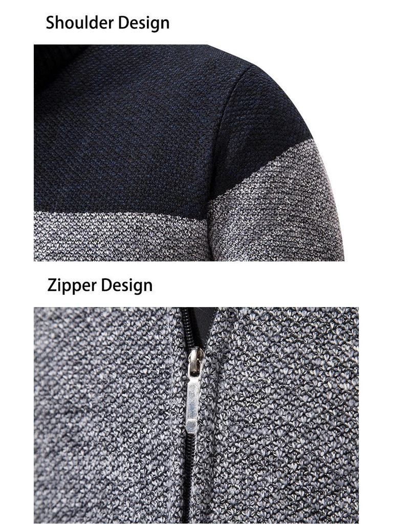 Men's Color Block Velvet-Lined Knit Cardigan with Stand Collar for Fall/Winter