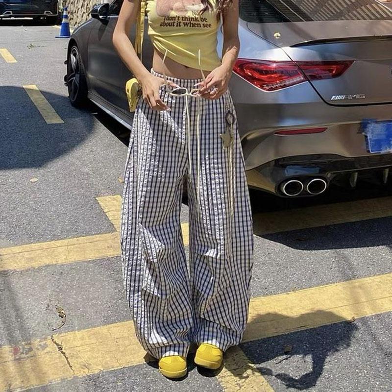 

Модные клетчатые брюки с широкими штанинами женские летние свободные с высокой посадкой прямые брюки уличная одежда все сочетается повседневные брюки 2025 2XL