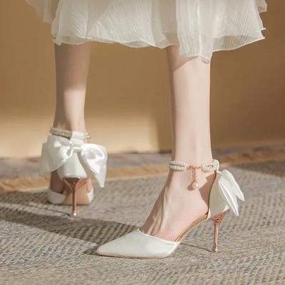 New Fashion Women Thin Heel Hollow Sandals Woman Pearl Butterfly Pointed Toe High Heels Womens Shoe Wedding Shoes Zapatos Mujer