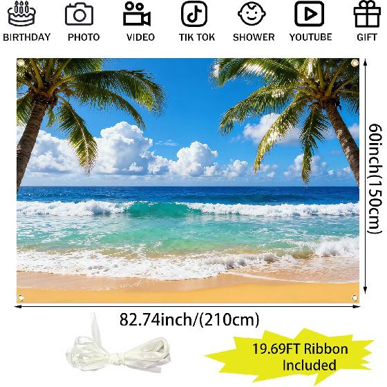 Summer Beach Backdrop Tropical Hawaiian Ocean Background 7x5FT with 19.69ft Ribbon, Palm Tree Banner for Luau Party Decorations Wedding Birthday Baby