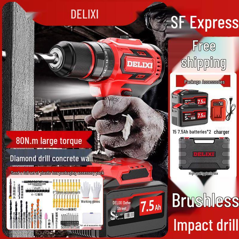 Delixi Brushless Lithium Electric Hand Drill - Pistol Grip for Household Wall Drilling and Impact Holes