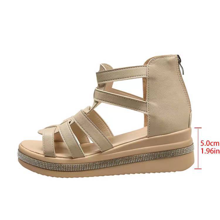 Sandals, Women's, Soft Leather, Wedge Heel, Rhinestone, Thick Sole, Roman Sandals, Hollowed Out, Women's Shoes