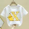 Pokemon Pikachu T-shirt Children A-Z Letter White Clothes Round Collar Clothing Kids Short Sleeve Cartoon Partern Summer Tee Top