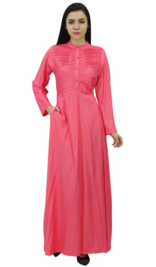 Bimba Women's Long Sleeve Maxi Mandarin Collar Plain Jilbab Dress With