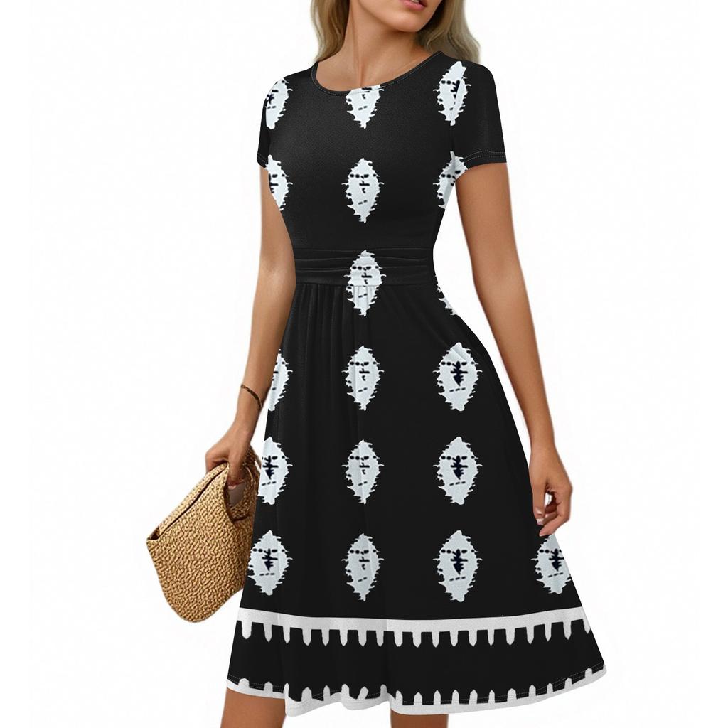 Women's Casual Fashion Round Neck Pleated Short Sleeve Bohemian A-Line Midi Dress