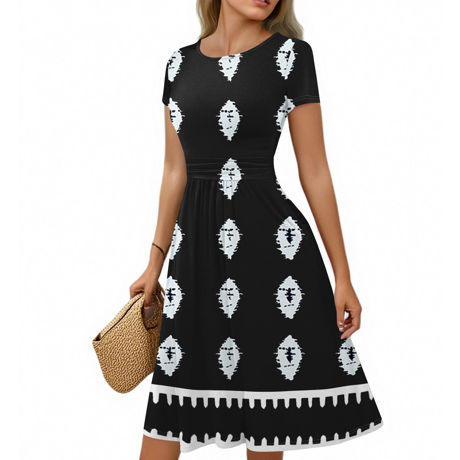 

Женское повседневное модное платье миди А-силуэта с круглым вырезом, плиссированными короткими рукавами и богемным стилем S чёрный