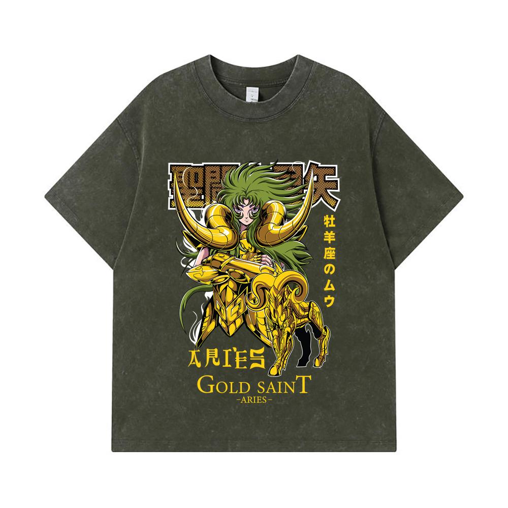 

275 GSM Washed T-shirts 100% Cotton Saint Seiya V19 Aries Print Unisex Heavy Cotton T Shirt S армия зеленый