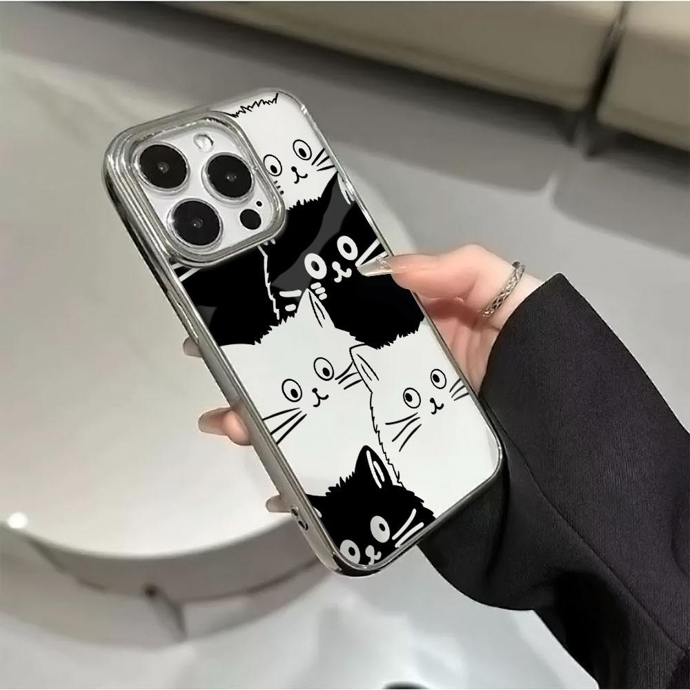 Cute Black White Cat Electroplated Clear Phone Case For iPhone 17 Pro Max 16 15 14 13 12 11 Pro 16 Plus 17 Air Shockproof Cover