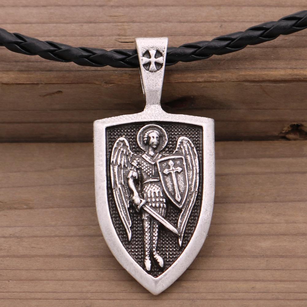 Vintage Saint Michael Slaying Dragon Shield Necklace, Eastern Orthodox Protector Amulet Pendant Adjustable Neck Jewelry