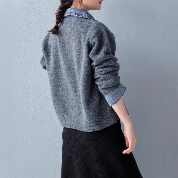 Women's Long Sleeve Knit Top O Neck Japanese Casual Sweater Faux Denim Patchwork Cardigan