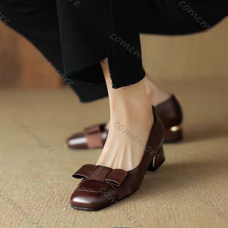 Fashion Comemore Spring Autumn Women's Bow Retro Middle Heel Single Shoes Square Head Leather Pumps Fashion Elegant Thick Heeled Shoes