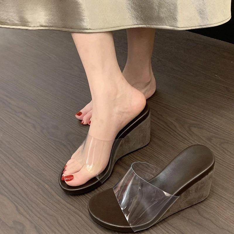 Fashion PVC Transparen Wedges Heel Women's Slipper Summer Open Toe High Heels Banquet Party Slide Shoes