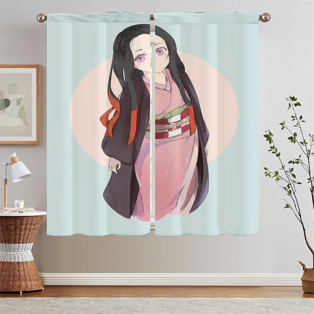 Nezuko Kamado Curtain Window Curtains for Living Room Decoration Curls Tulle In Kitchen Curtains 2 Pieces Window Blinds Blackout