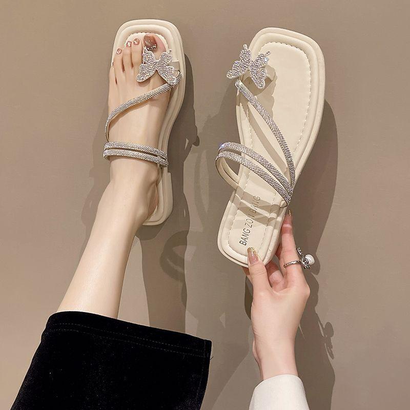 Rhinestone Butterfly Cover Toe Cool Slippers Female Summer Flat-bottomed Fairy with Skirt Pinch Two Wear Beach Wear Roman Sandals