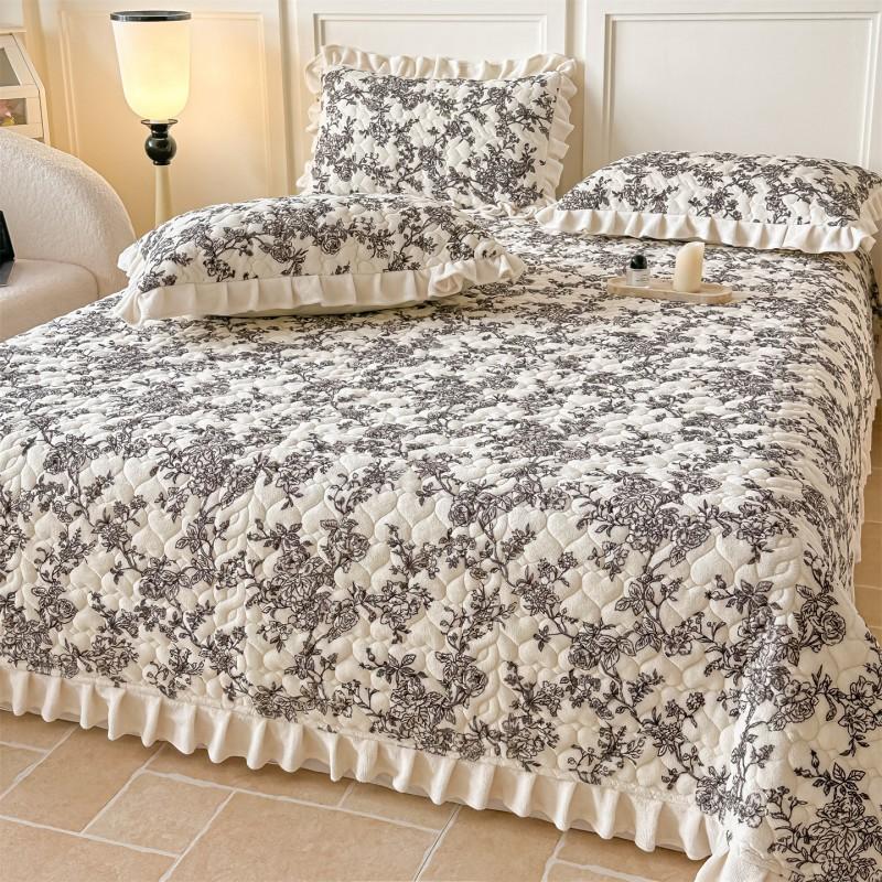 Thick Warm Milk Coral Fleece Bedding Set Floral Bedspread Quilt Cover Lace Trim Home