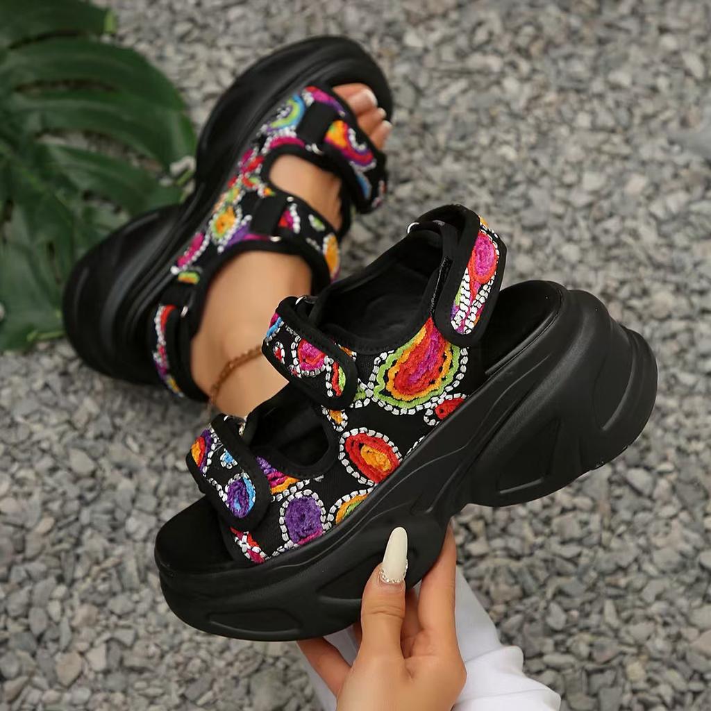 New casual sandals muffin Velcro large size foreign trade platform sandals denim women's shoes