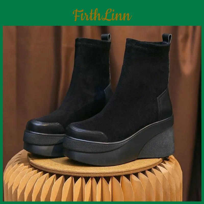 Boots Round High Heels Toe Women Ankle Boots Platform Wedges Women Knee High Boots Classic Elastic Boots