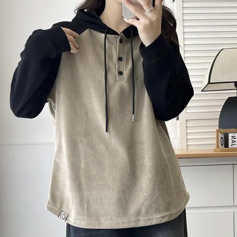 Sweatshirt for Women Cotton Oversize Loose Casual Pullove Vintage Drop-Shoulder Color-Block Hooded Long Sleeve Top Sweatshirt