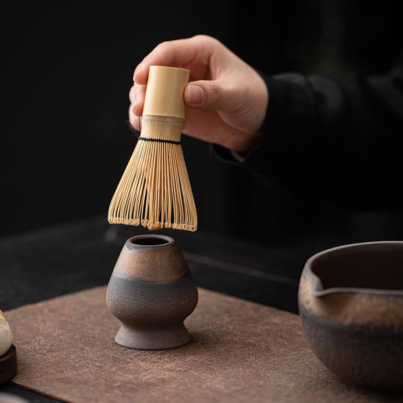 Song Dynasty-Inspired Japanese Matcha Bowl & Whisk Stand with Gilt Iron Glaze
