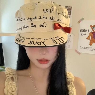 Korean Bow Script Punk Beret - Summer Flat Newsboy Cap for Women Oversized Head Alt Indie Gothic