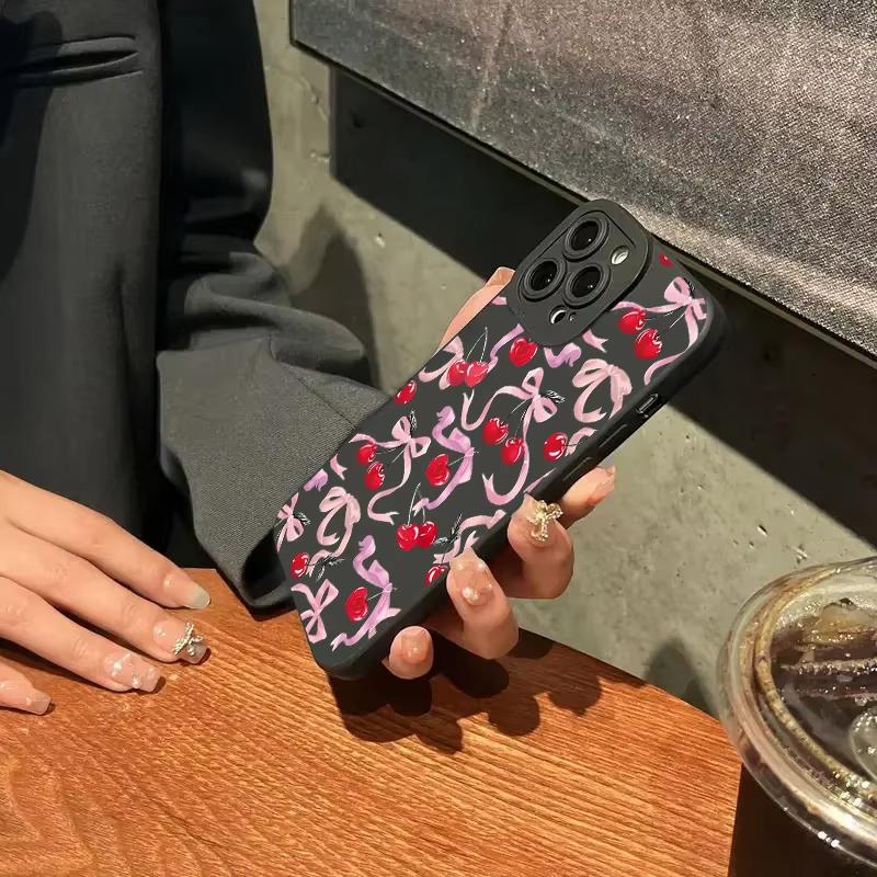 Cute Cherry Bow Silicone Phone Case For iPhone15 16Pro 14 Plus 13 Pro Max Mini 12 11 X XS XR Plus SE 20 Shockproof Soft Cover