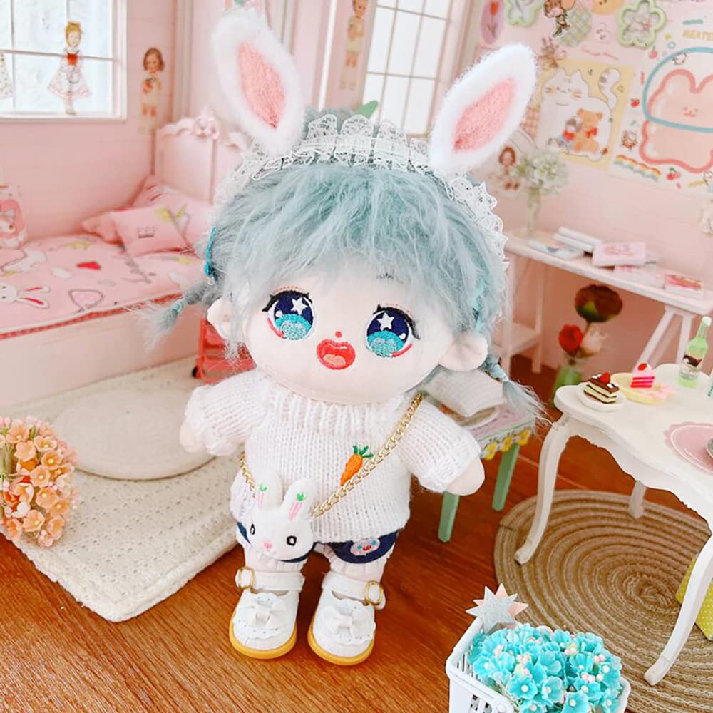 Niannyyhouse 20cm Doll Clothes - Cotton Doll Clothes - Headband + Sweater + Shorts + Packet - 4-Piece Set - Bunny Ear Headband, Carrot Sweater, Denim