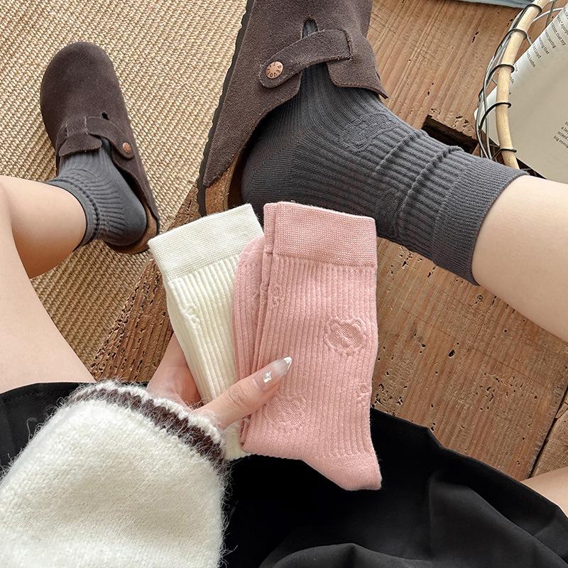 Katon Bear Mid-calf Socks, Autumn Combed Cotton, Cute Mid-calf Socks, Solid Color, Versatile, Pile Pile Socks, Boneless