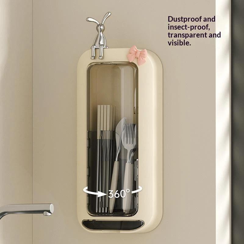 Wall Mounted Utensil Cutlery Holder Drainage Design Cute Rabbit Decor Chopstick Organizer for Dorm Kitchen Use