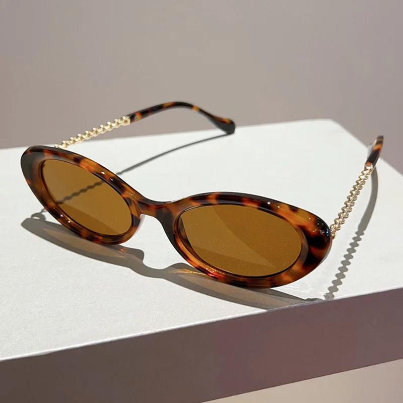 New In Luxury Brand Designer Small Frame Oval Sunglasses Women For Men Vintage Fashion Sun Glasses Punk Metal Chain Shades Uv400